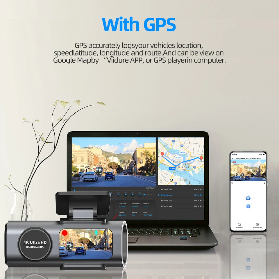 4K Dual Dash Cam with Wi-Fi, GPS, & Night Vision