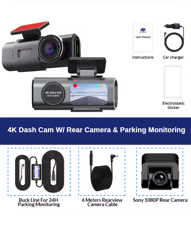 4K Dual Dash Cam with Wi-Fi, GPS, & Night Vision